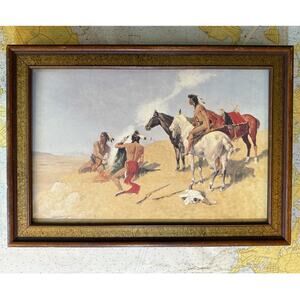 Vintage Framed Smoke Signals Print Frederic Remington Western Art Native Indian
